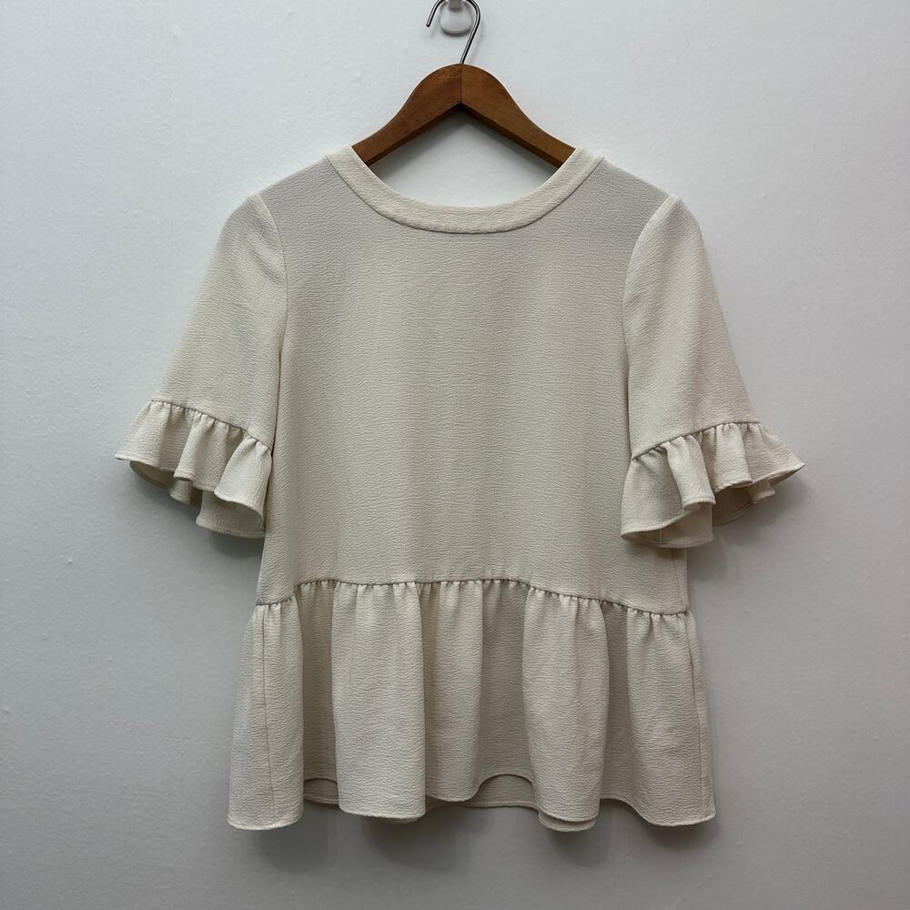 Kate‎ Spade New York Womens White Ruffle Crew Neck 3/4 Sleeve Blouse Top Size M
